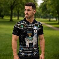 Happy Hanukkah Llama Zipper Polo Shirt Funny Menorah for Jewish Holiday - Wonder Print Shop
