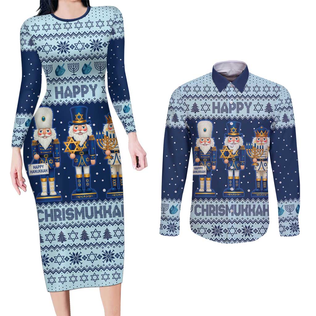 Chrismukkah Nutcracker Couples Matching Long Sleeve Bodycon Dress and Long Sleeve Button Shirt Funny Hanukkah Xmas Style - Wonder Print Shop