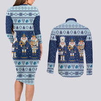 Chrismukkah Nutcracker Couples Matching Long Sleeve Bodycon Dress and Long Sleeve Button Shirt Funny Hanukkah Xmas Style - Wonder Print Shop
