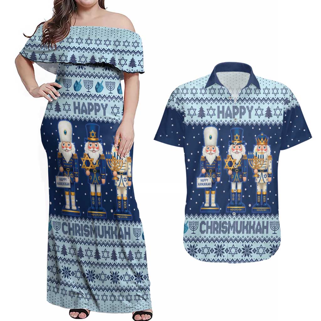 Chrismukkah Nutcracker Couples Matching Off Shoulder Maxi Dress and Hawaiian Shirt Funny Hanukkah Xmas Style - Wonder Print Shop