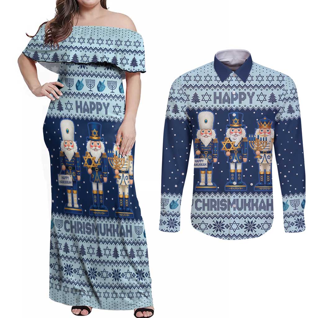 Chrismukkah Nutcracker Couples Matching Off Shoulder Maxi Dress and Long Sleeve Button Shirt Funny Hanukkah Xmas Style - Wonder Print Shop