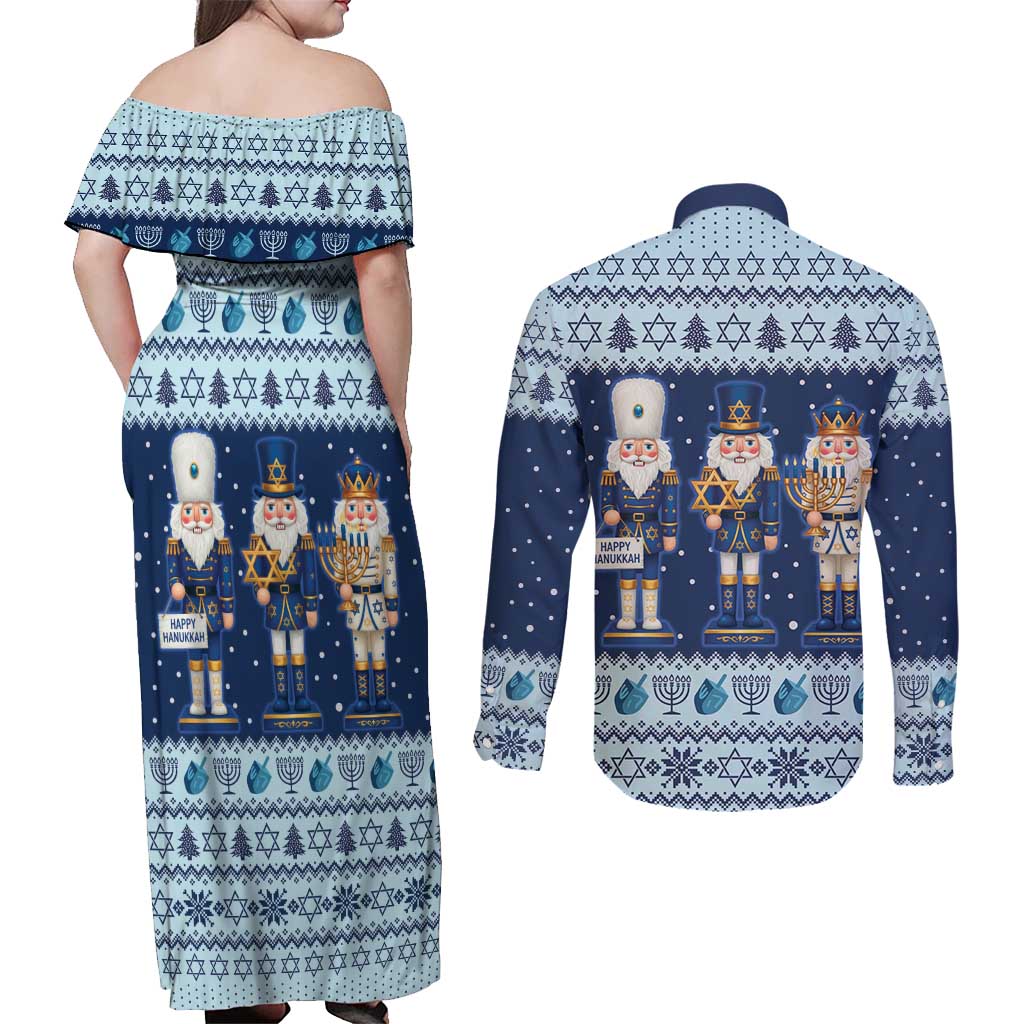 Chrismukkah Nutcracker Couples Matching Off Shoulder Maxi Dress and Long Sleeve Button Shirt Funny Hanukkah Xmas Style - Wonder Print Shop
