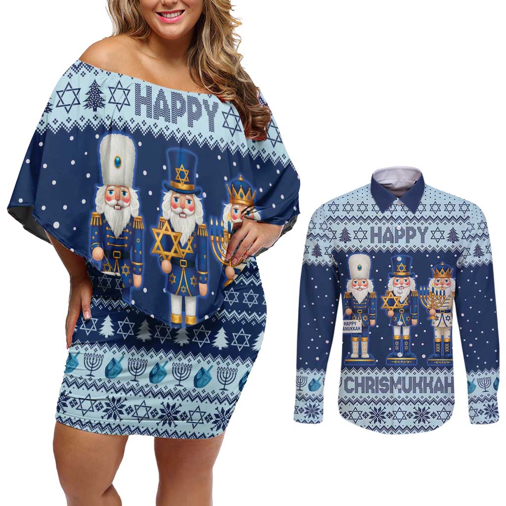 Chrismukkah Nutcracker Couples Matching Off Shoulder Short Dress and Long Sleeve Button Shirt Funny Hanukkah Xmas Style - Wonder Print Shop