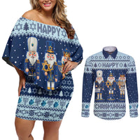 Chrismukkah Nutcracker Couples Matching Off Shoulder Short Dress and Long Sleeve Button Shirt Funny Hanukkah Xmas Style - Wonder Print Shop