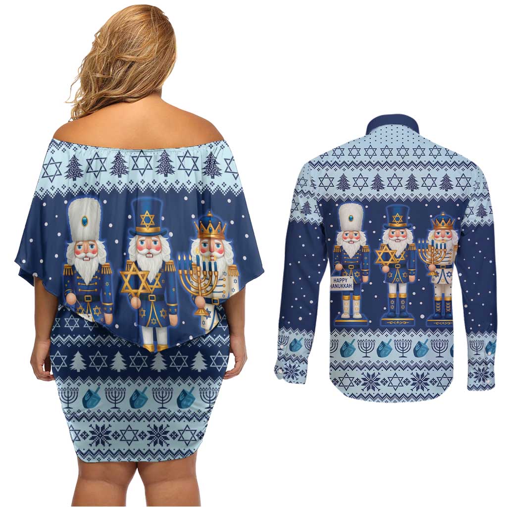 Chrismukkah Nutcracker Couples Matching Off Shoulder Short Dress and Long Sleeve Button Shirt Funny Hanukkah Xmas Style - Wonder Print Shop