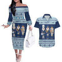 Chrismukkah Nutcracker Couples Matching Off The Shoulder Long Sleeve Dress and Hawaiian Shirt Funny Hanukkah Xmas Style - Wonder Print Shop
