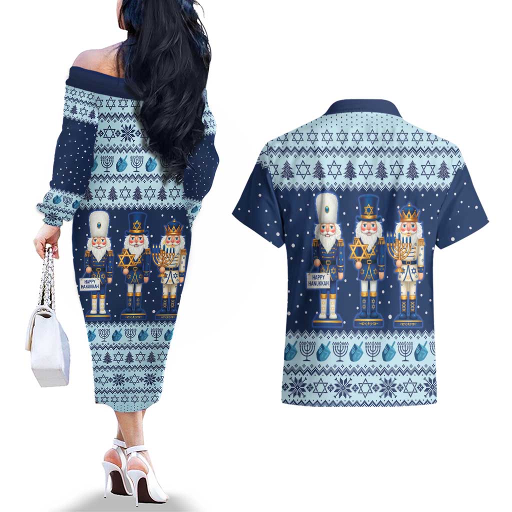 Chrismukkah Nutcracker Couples Matching Off The Shoulder Long Sleeve Dress and Hawaiian Shirt Funny Hanukkah Xmas Style - Wonder Print Shop