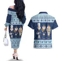 Chrismukkah Nutcracker Couples Matching Off The Shoulder Long Sleeve Dress and Hawaiian Shirt Funny Hanukkah Xmas Style - Wonder Print Shop