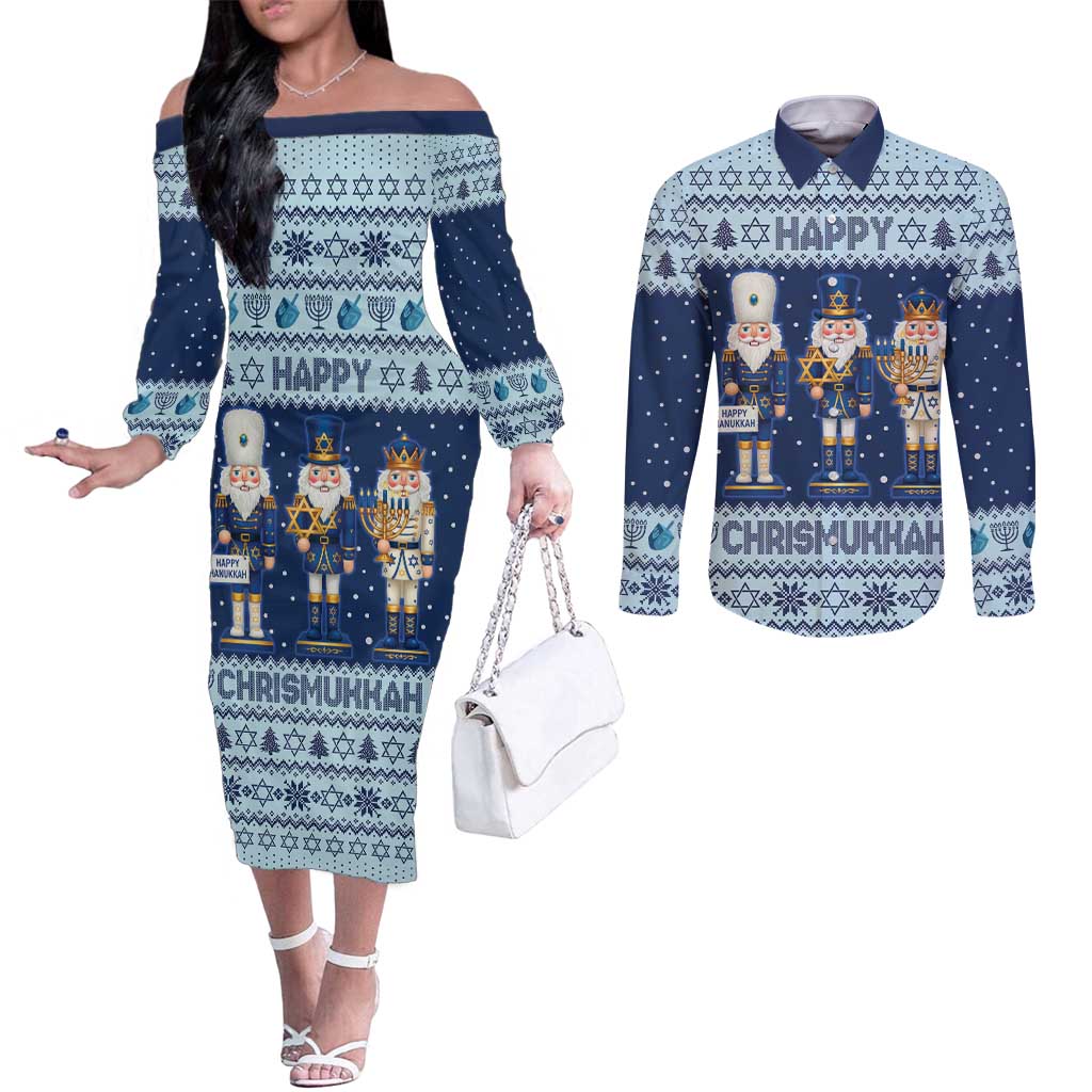Chrismukkah Nutcracker Couples Matching Off The Shoulder Long Sleeve Dress and Long Sleeve Button Shirt Funny Hanukkah Xmas Style - Wonder Print Shop