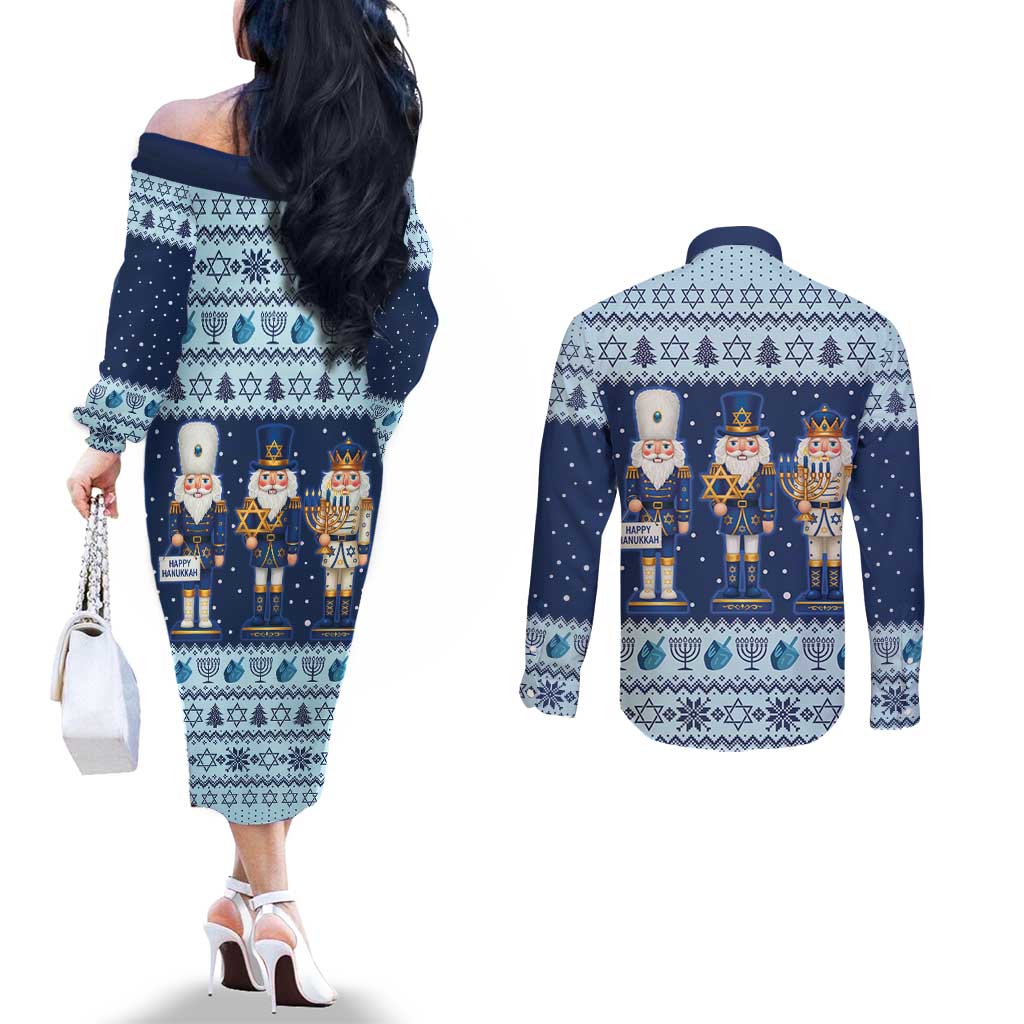Chrismukkah Nutcracker Couples Matching Off The Shoulder Long Sleeve Dress and Long Sleeve Button Shirt Funny Hanukkah Xmas Style - Wonder Print Shop