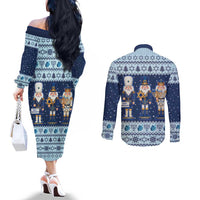 Chrismukkah Nutcracker Couples Matching Off The Shoulder Long Sleeve Dress and Long Sleeve Button Shirt Funny Hanukkah Xmas Style - Wonder Print Shop