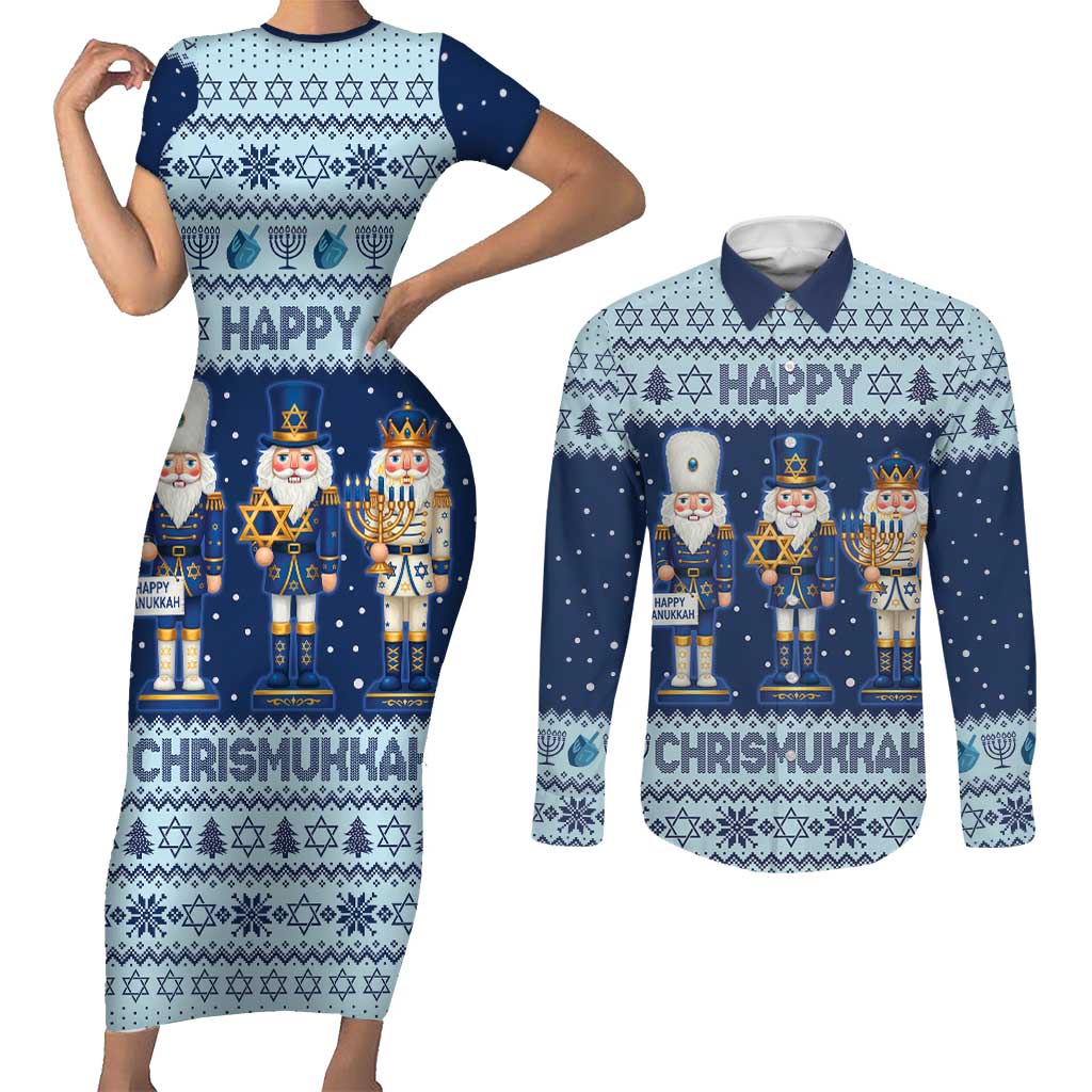 Chrismukkah Nutcracker Couples Matching Short Sleeve Bodycon Dress and Long Sleeve Button Shirt Funny Hanukkah Xmas Style - Wonder Print Shop