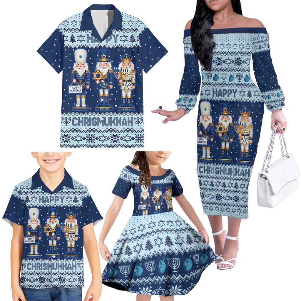 Chrismukkah Nutcracker Family Matching Off The Shoulder Long Sleeve Dress and Hawaiian Shirt Funny Hanukkah Xmas Style - Wonder Print Shop