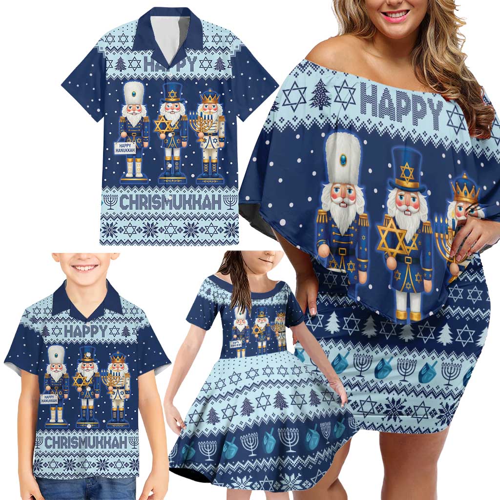 Chrismukkah Nutcracker Family Matching Off Shoulder Short Dress and Hawaiian Shirt Funny Hanukkah Xmas Style - Wonder Print Shop