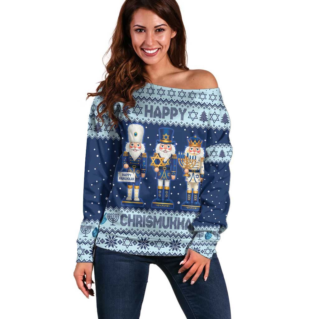 Chrismukkah Nutcracker Off Shoulder Sweater Funny Hanukkah Xmas Style - Wonder Print Shop