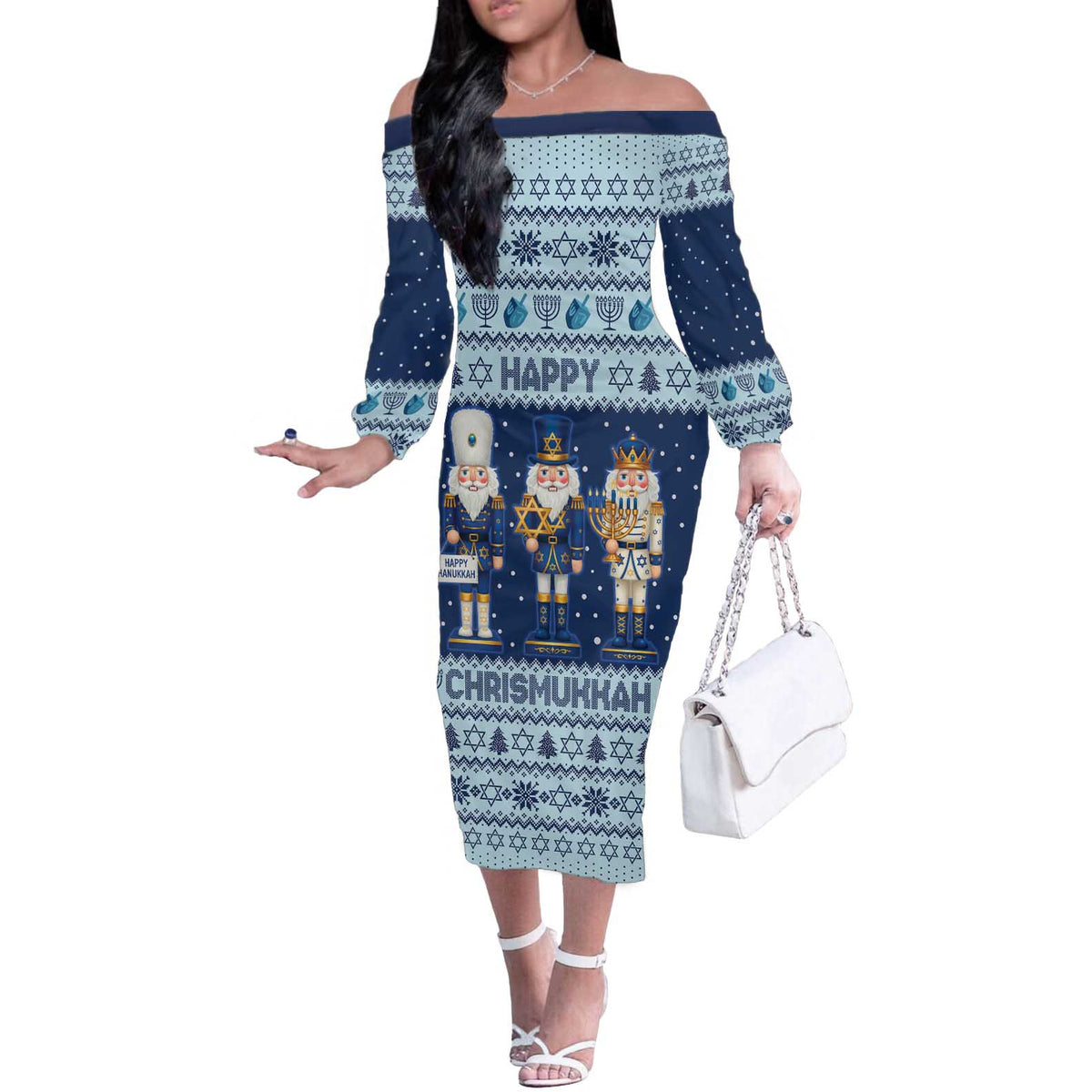 Chrismukkah Nutcracker Off The Shoulder Long Sleeve Dress Funny Hanukkah Xmas Style - Wonder Print Shop