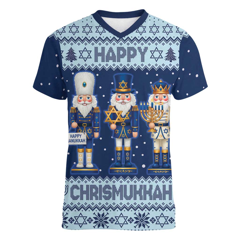 Chrismukkah Nutcracker Women V-Neck T-Shirt Funny Hanukkah Xmas Style - Wonder Print Shop