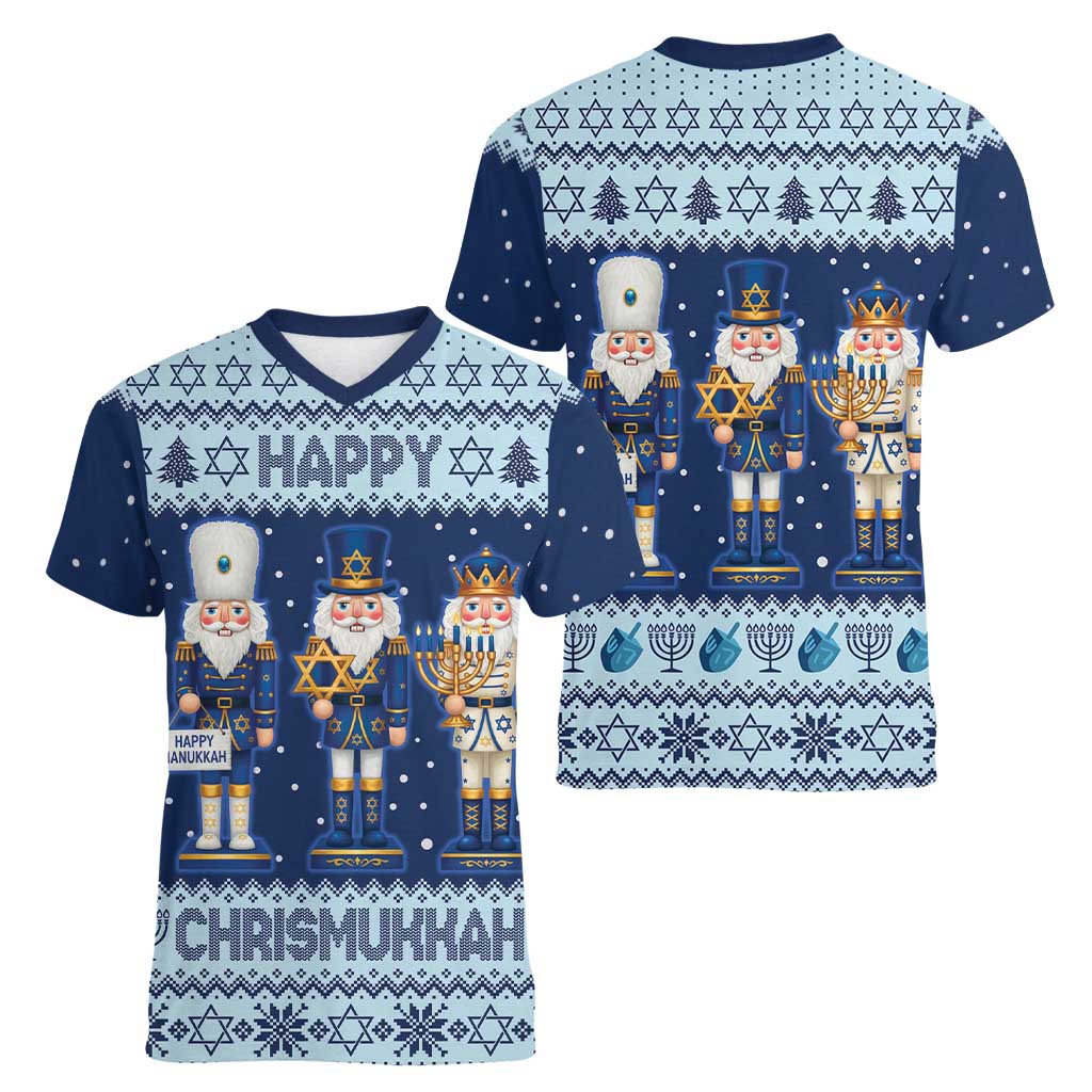 Chrismukkah Nutcracker Women V-Neck T-Shirt Funny Hanukkah Xmas Style - Wonder Print Shop