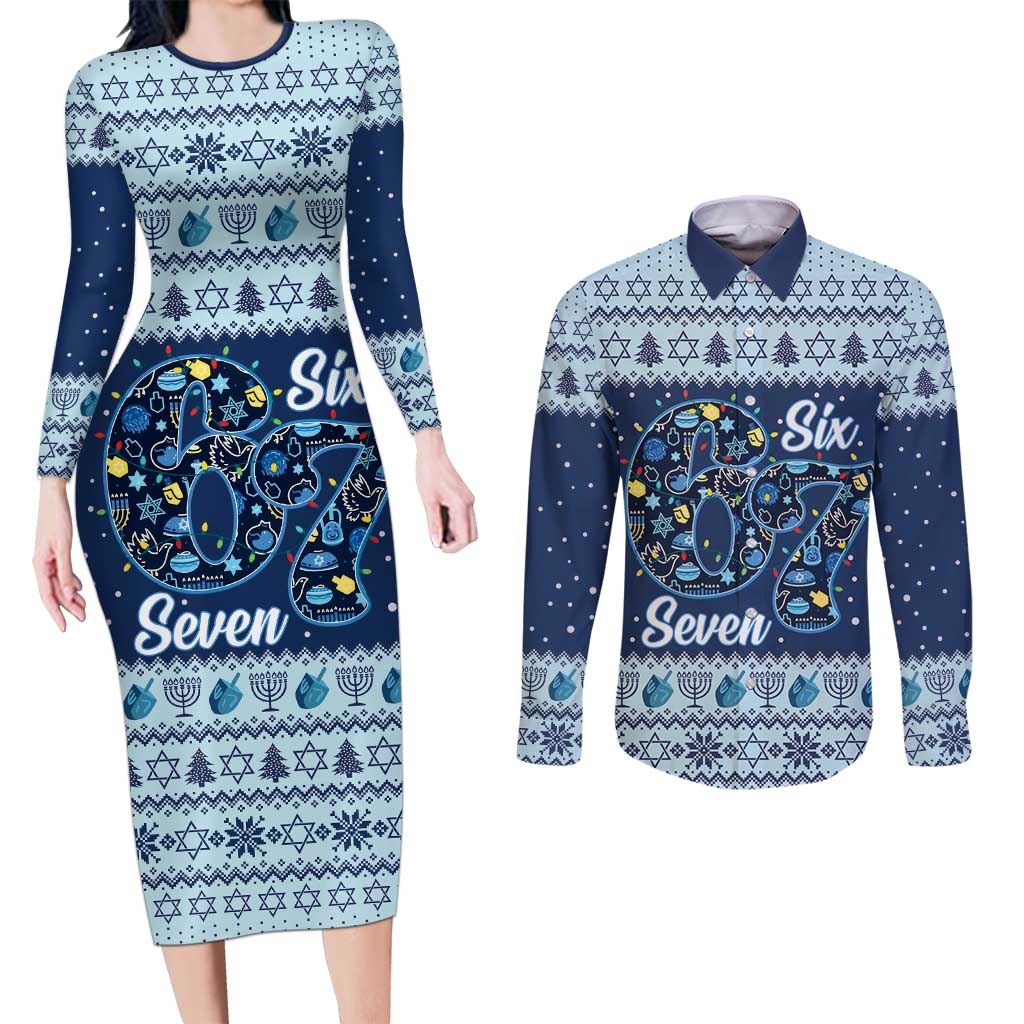 Funny Hanukkah Six Seven Couples Matching Long Sleeve Bodycon Dress and Long Sleeve Button Shirt Gen Alpha Meme Vibes - Wonder Print Shop
