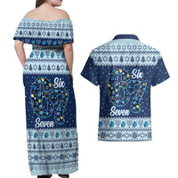 Funny Hanukkah Six Seven Couples Matching Off Shoulder Maxi Dress and Hawaiian Shirt Gen Alpha Meme Vibes - Wonder Print Shop
