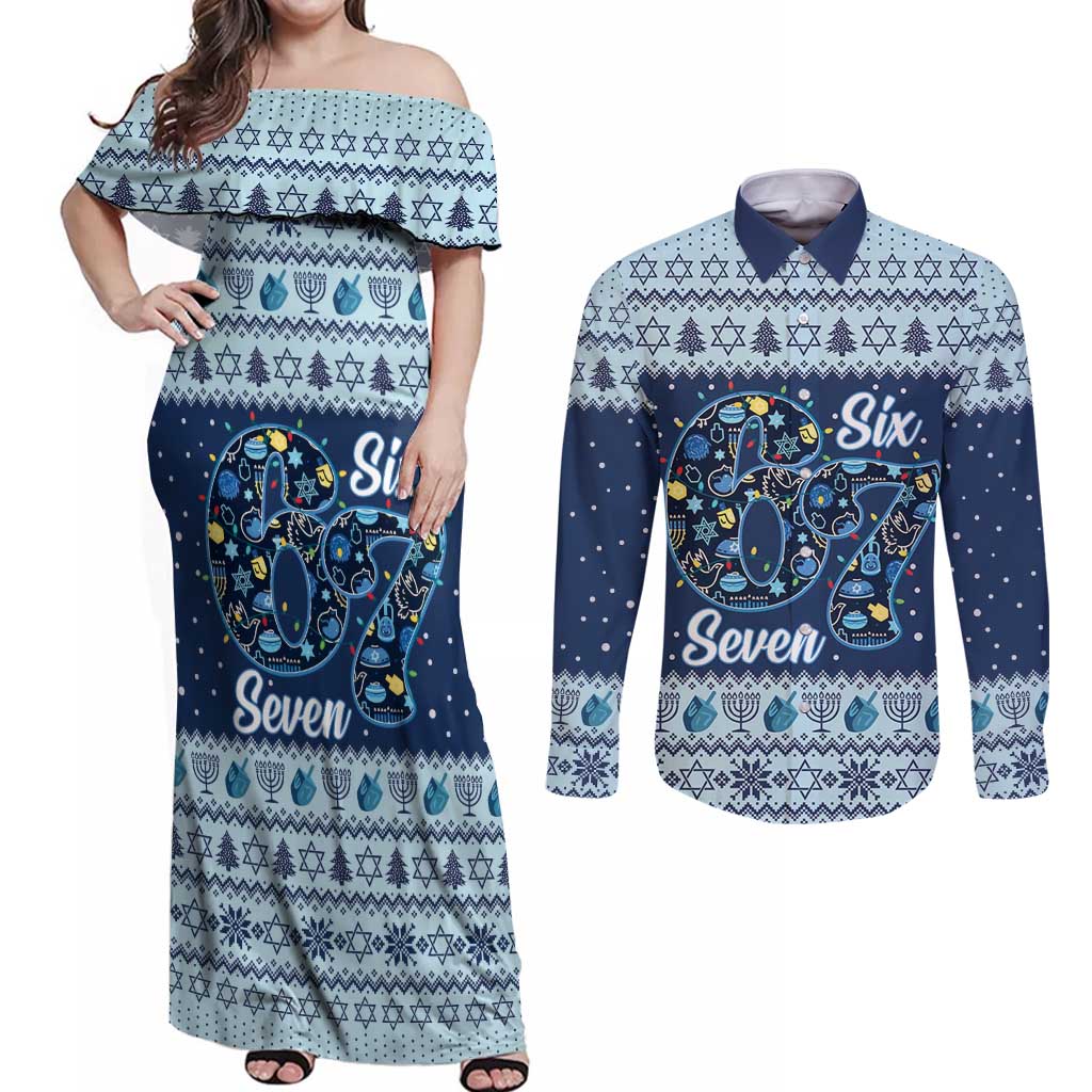 Funny Hanukkah Six Seven Couples Matching Off Shoulder Maxi Dress and Long Sleeve Button Shirt Gen Alpha Meme Vibes - Wonder Print Shop
