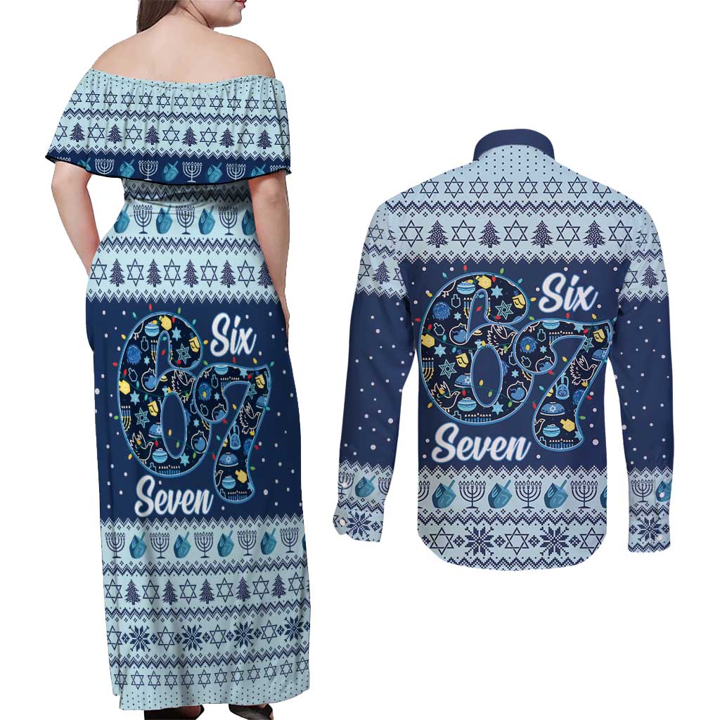 Funny Hanukkah Six Seven Couples Matching Off Shoulder Maxi Dress and Long Sleeve Button Shirt Gen Alpha Meme Vibes - Wonder Print Shop
