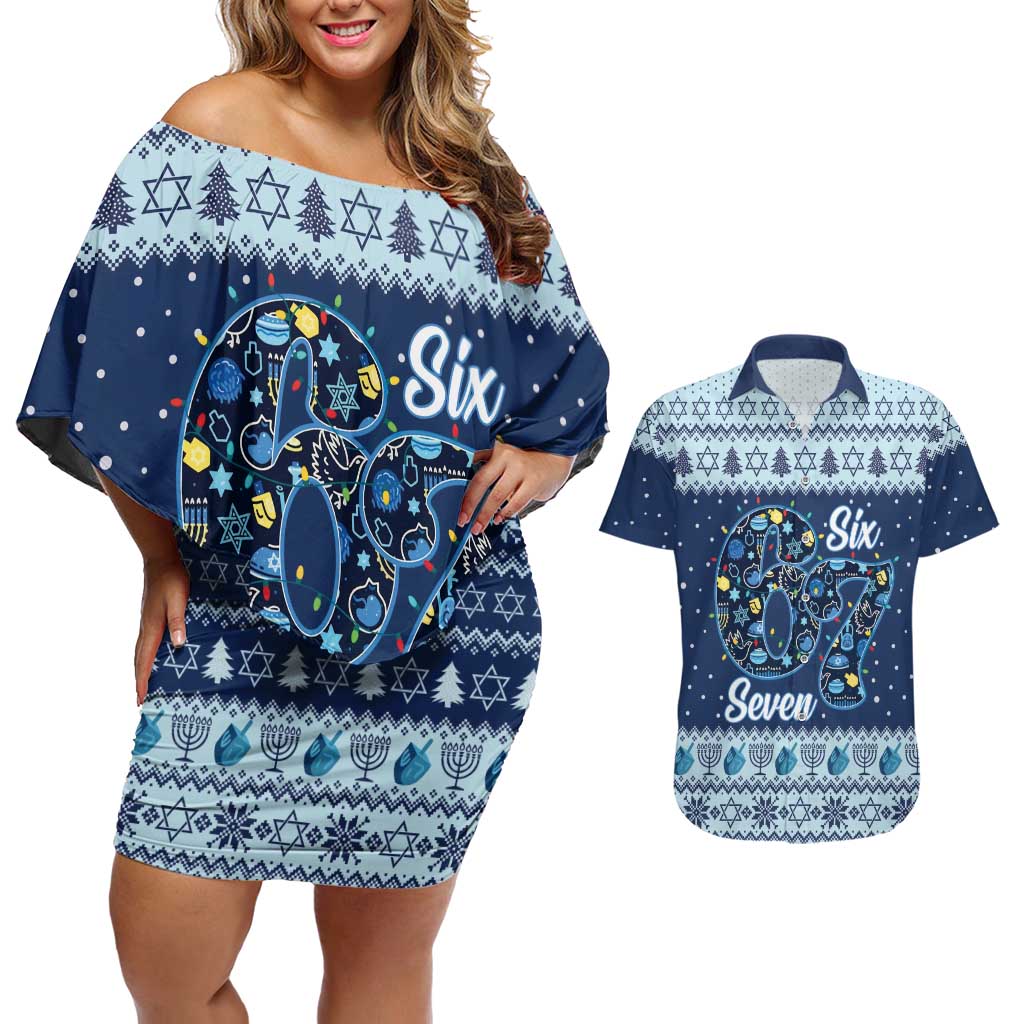Funny Hanukkah Six Seven Couples Matching Off Shoulder Short Dress and Hawaiian Shirt Gen Alpha Meme Vibes - Wonder Print Shop