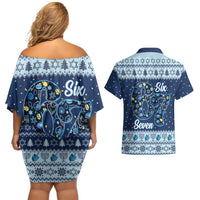 Funny Hanukkah Six Seven Couples Matching Off Shoulder Short Dress and Hawaiian Shirt Gen Alpha Meme Vibes - Wonder Print Shop