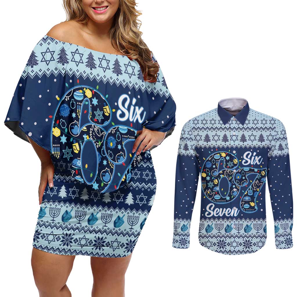Funny Hanukkah Six Seven Couples Matching Off Shoulder Short Dress and Long Sleeve Button Shirt Gen Alpha Meme Vibes - Wonder Print Shop