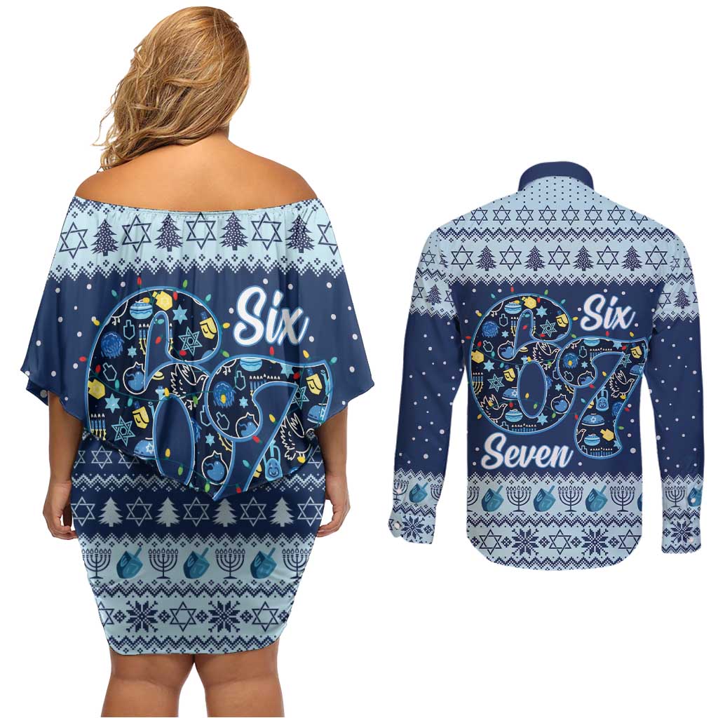 Funny Hanukkah Six Seven Couples Matching Off Shoulder Short Dress and Long Sleeve Button Shirt Gen Alpha Meme Vibes - Wonder Print Shop