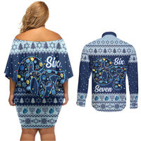 Funny Hanukkah Six Seven Couples Matching Off Shoulder Short Dress and Long Sleeve Button Shirt Gen Alpha Meme Vibes - Wonder Print Shop