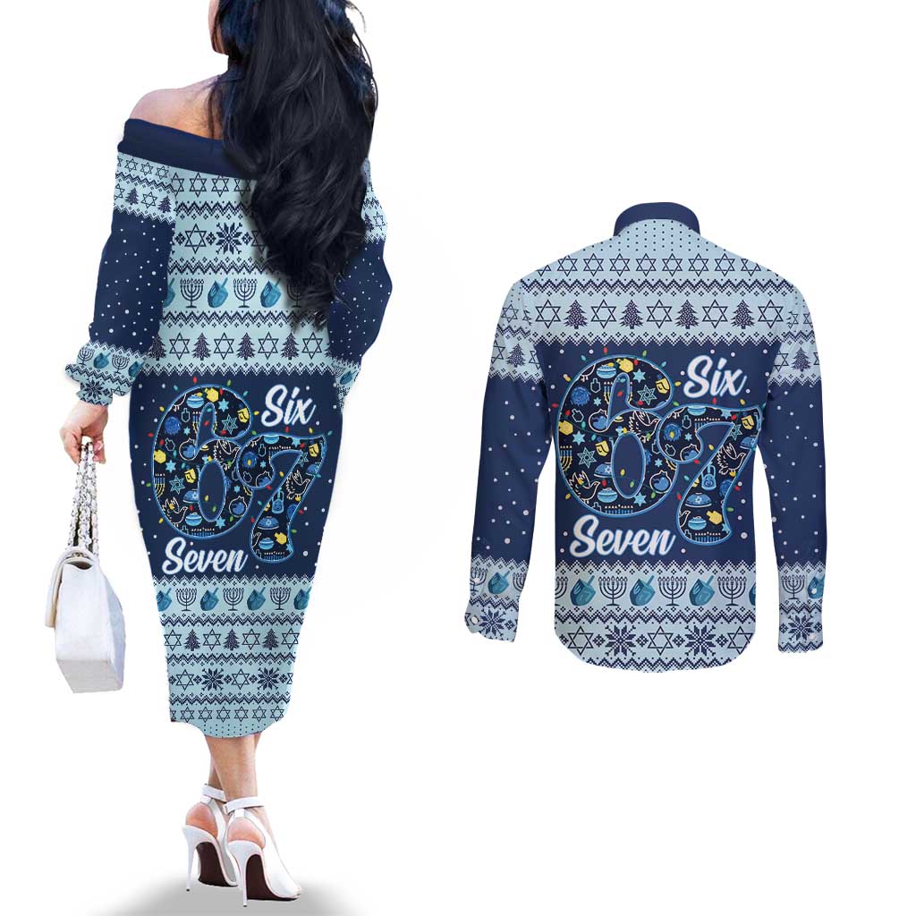 Funny Hanukkah Six Seven Couples Matching Off The Shoulder Long Sleeve Dress and Long Sleeve Button Shirt Gen Alpha Meme Vibes - Wonder Print Shop