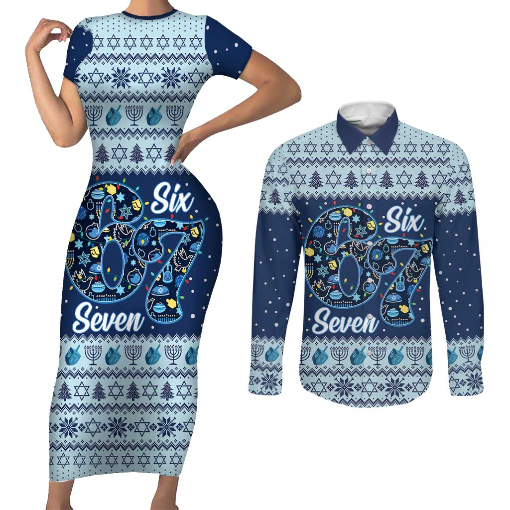 Funny Hanukkah Six Seven Couples Matching Short Sleeve Bodycon Dress and Long Sleeve Button Shirt Gen Alpha Meme Vibes - Wonder Print Shop