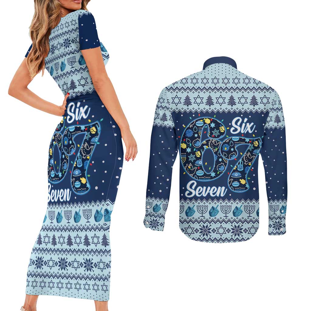 Funny Hanukkah Six Seven Couples Matching Short Sleeve Bodycon Dress and Long Sleeve Button Shirt Gen Alpha Meme Vibes - Wonder Print Shop