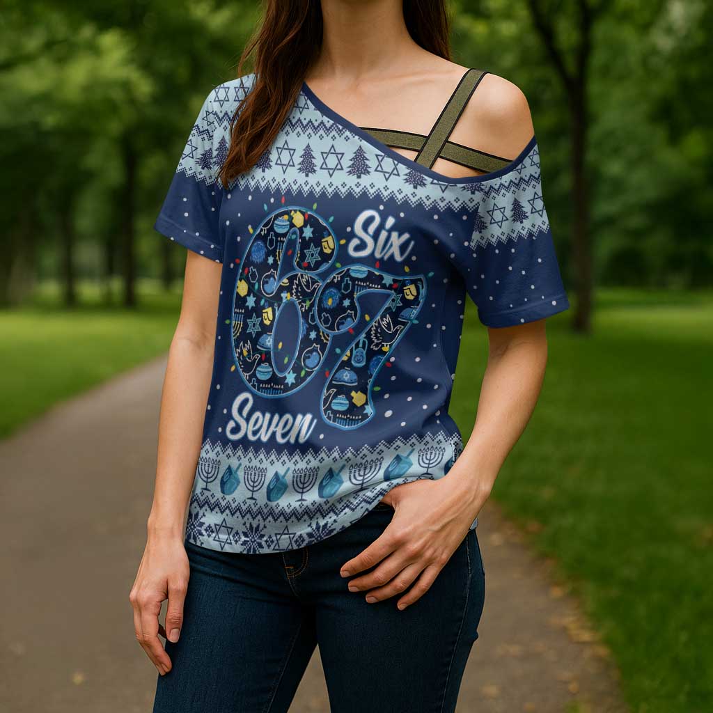 Funny Hanukkah Six Seven Cross Shoulder Shirt Gen Alpha Meme Vibes - Wonder Print Shop