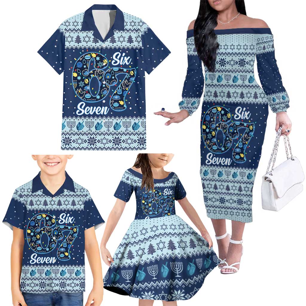 Funny Hanukkah Six Seven Family Matching Off The Shoulder Long Sleeve Dress and Hawaiian Shirt Gen Alpha Meme Vibes - Wonder Print Shop
