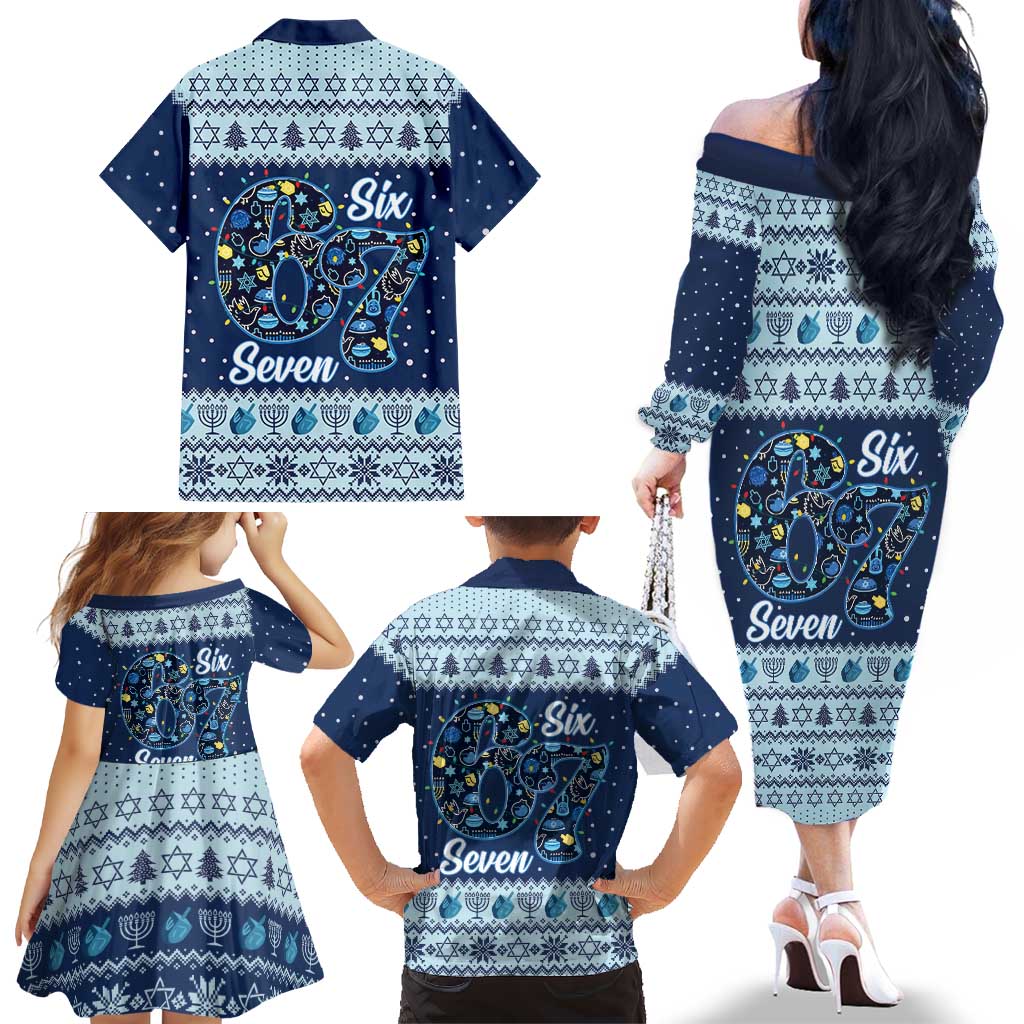 Funny Hanukkah Six Seven Family Matching Off The Shoulder Long Sleeve Dress and Hawaiian Shirt Gen Alpha Meme Vibes - Wonder Print Shop