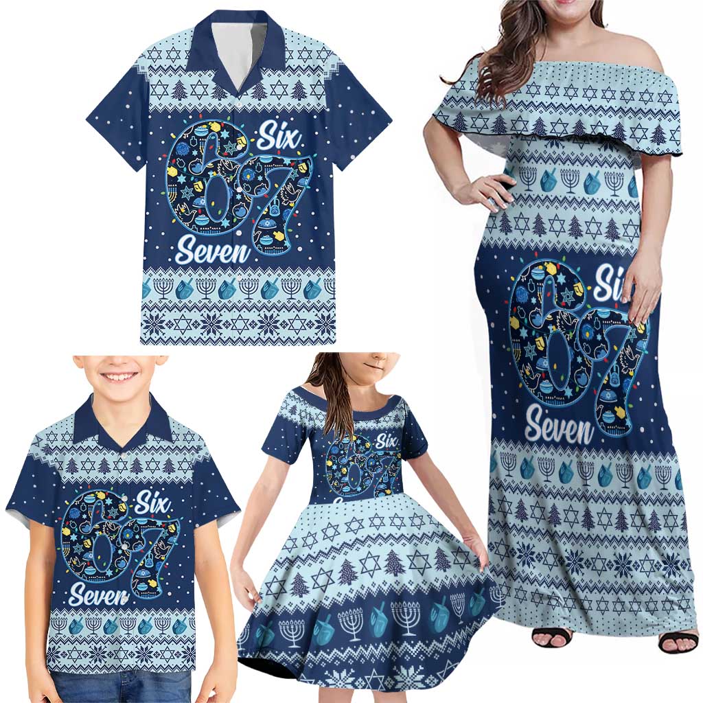Funny Hanukkah Six Seven Family Matching Off Shoulder Maxi Dress and Hawaiian Shirt Gen Alpha Meme Vibes - Wonder Print Shop