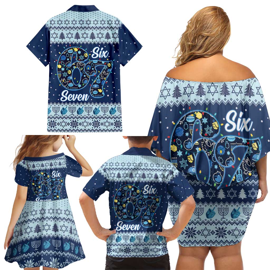 Funny Hanukkah Six Seven Family Matching Off Shoulder Short Dress and Hawaiian Shirt Gen Alpha Meme Vibes - Wonder Print Shop