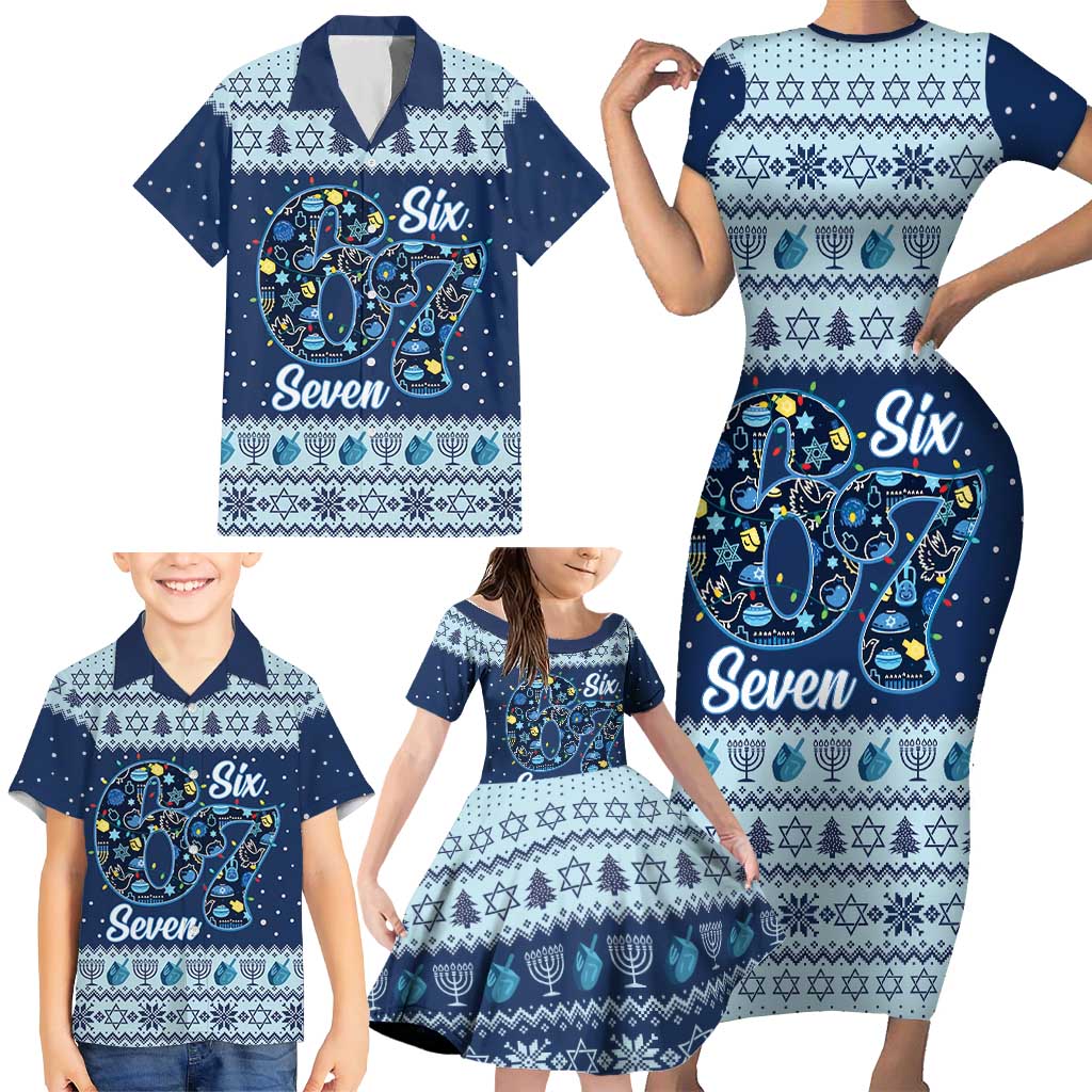 Funny Hanukkah Six Seven Family Matching Short Sleeve Bodycon Dress and Hawaiian Shirt Gen Alpha Meme Vibes - Wonder Print Shop