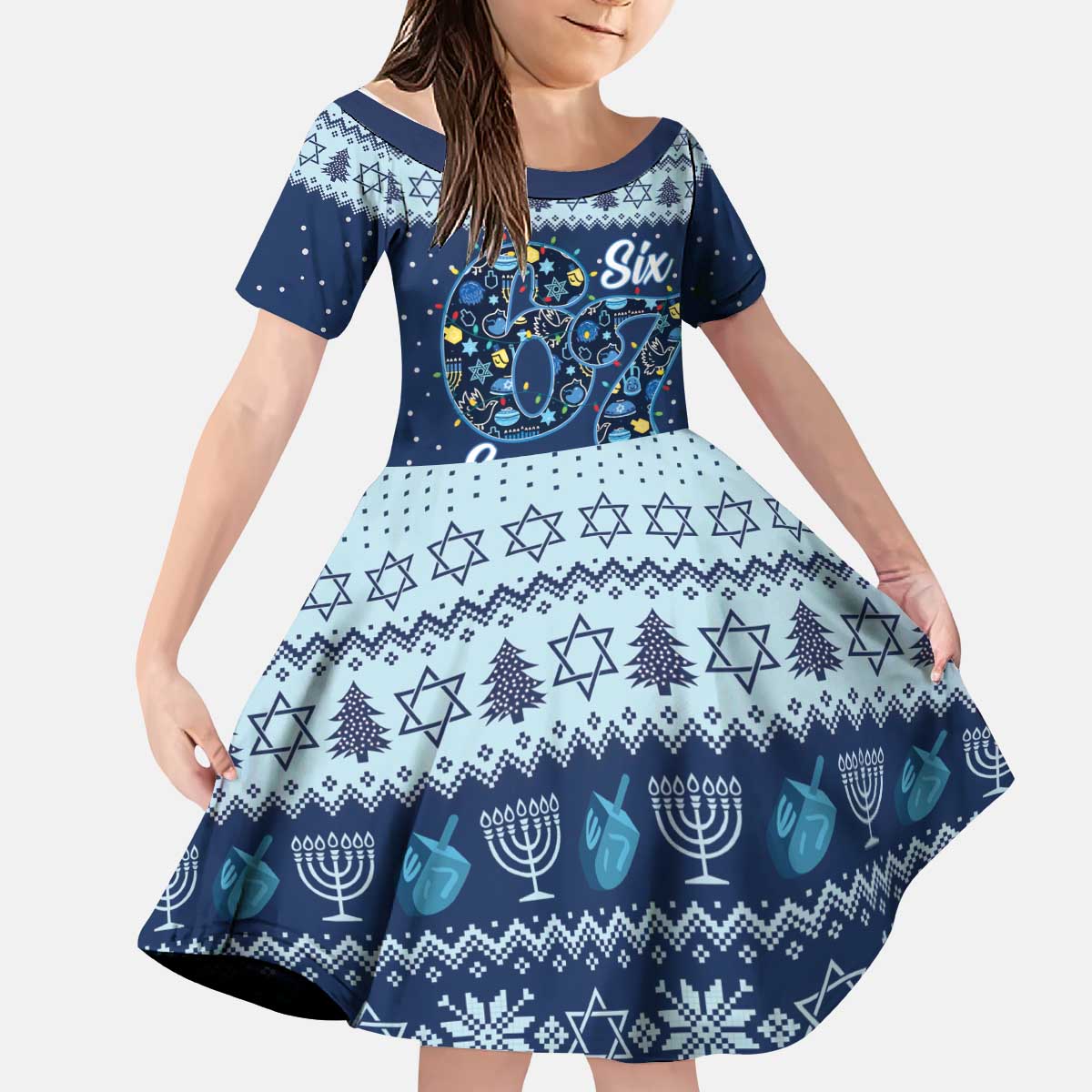 Funny Hanukkah Six Seven Kid Short Sleeve Dress Gen Alpha Meme Vibes - Wonder Print Shop
