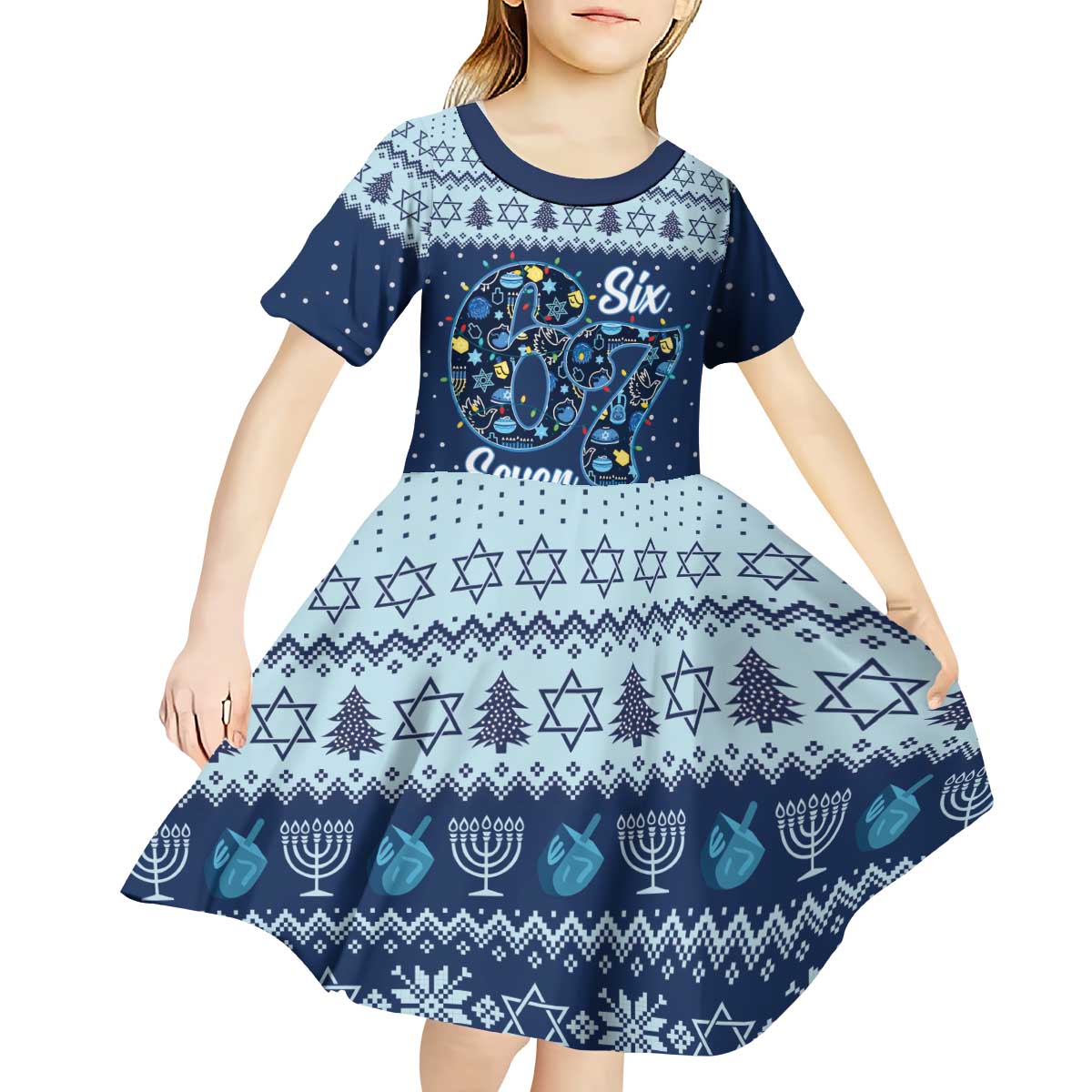 Funny Hanukkah Six Seven Kid Short Sleeve Dress Gen Alpha Meme Vibes - Wonder Print Shop