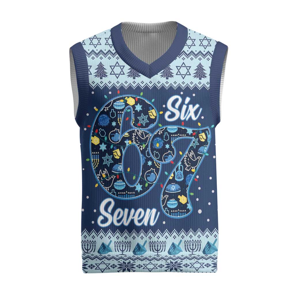 Funny Hanukkah Six Seven Christmas Knitted V-Neck Vest Gen Alpha Meme Vibes - Wonder Print Shop