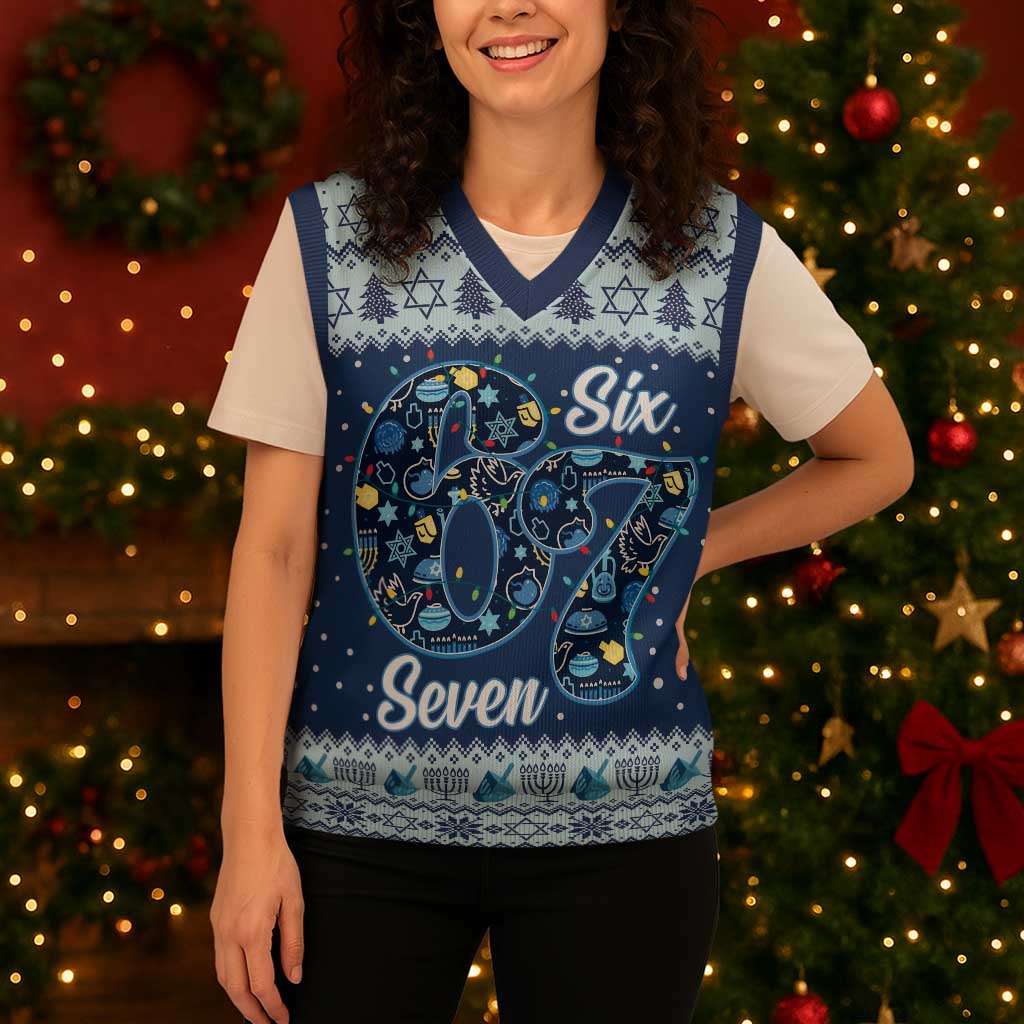 Funny Hanukkah Six Seven Christmas Knitted V-Neck Vest Gen Alpha Meme Vibes - Wonder Print Shop