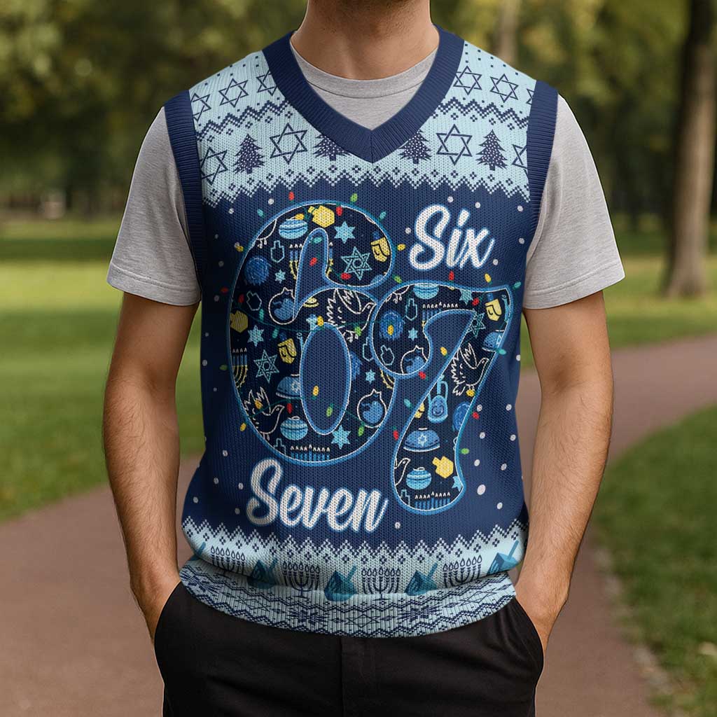 Funny Hanukkah Six Seven Christmas Knitted V-Neck Vest Gen Alpha Meme Vibes - Wonder Print Shop