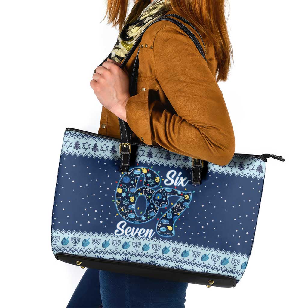 Funny Hanukkah Six Seven Leather Tote Bag Gen Alpha Meme Vibes - Wonder Print Shop