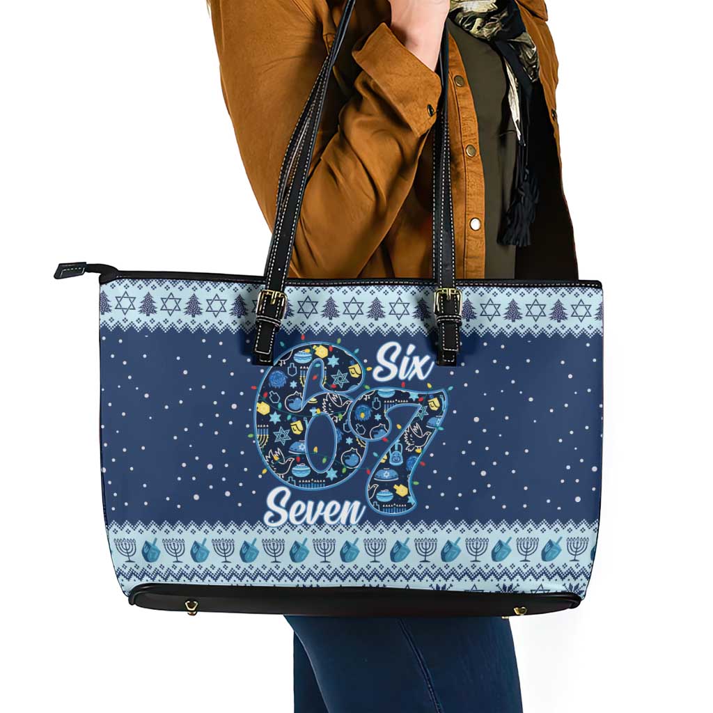 Funny Hanukkah Six Seven Leather Tote Bag Gen Alpha Meme Vibes - Wonder Print Shop