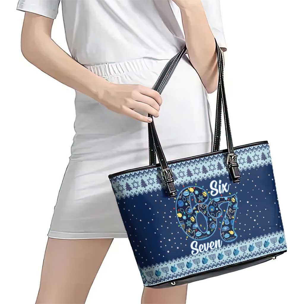 Funny Hanukkah Six Seven Leather Tote Bag Gen Alpha Meme Vibes - Wonder Print Shop