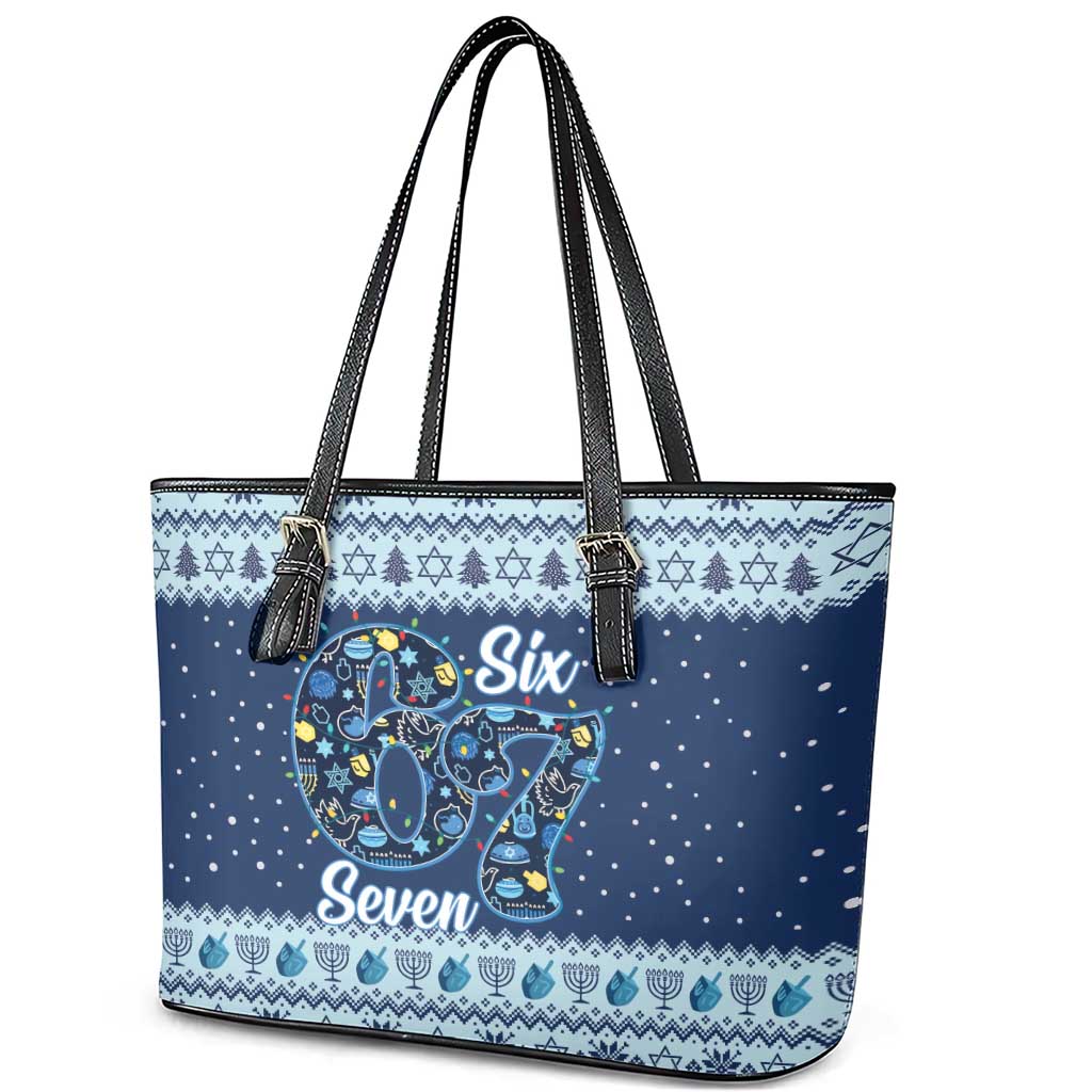 Funny Hanukkah Six Seven Leather Tote Bag Gen Alpha Meme Vibes - Wonder Print Shop