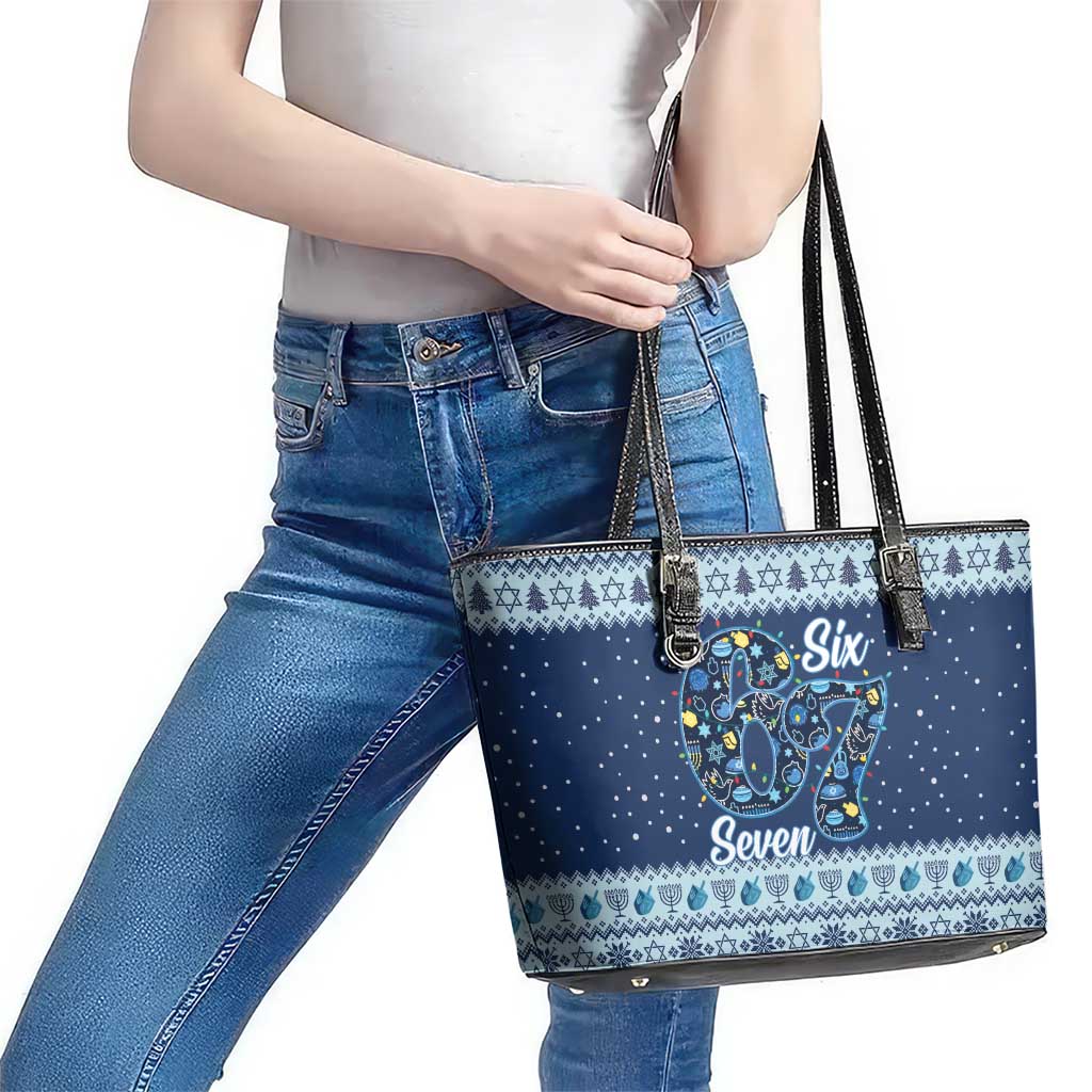 Funny Hanukkah Six Seven Leather Tote Bag Gen Alpha Meme Vibes - Wonder Print Shop